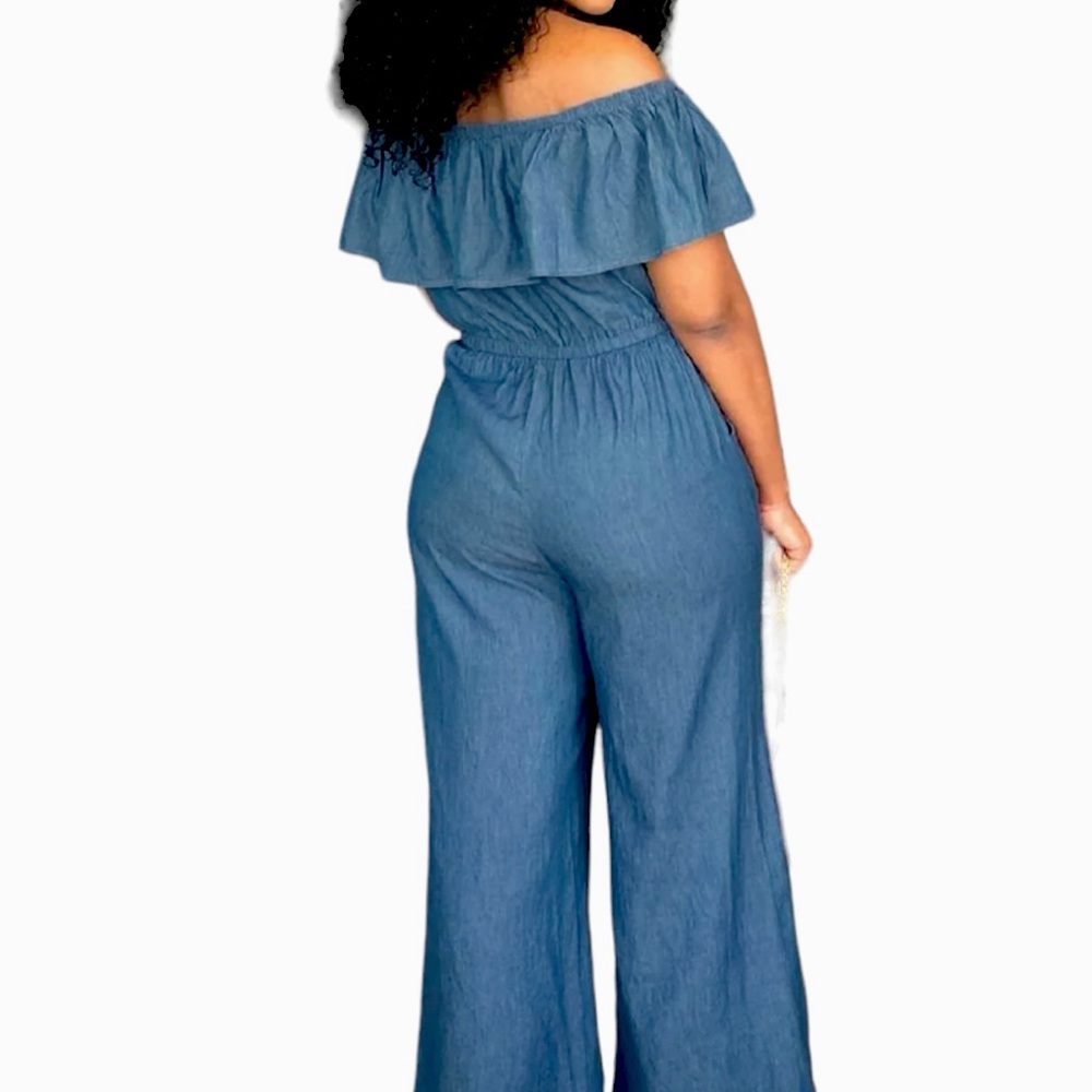 Vonda Off Shoulder Wide Leg Romper Jumpsuit Denim Blue Women’s Plus 3XL - Picture 2 of 15